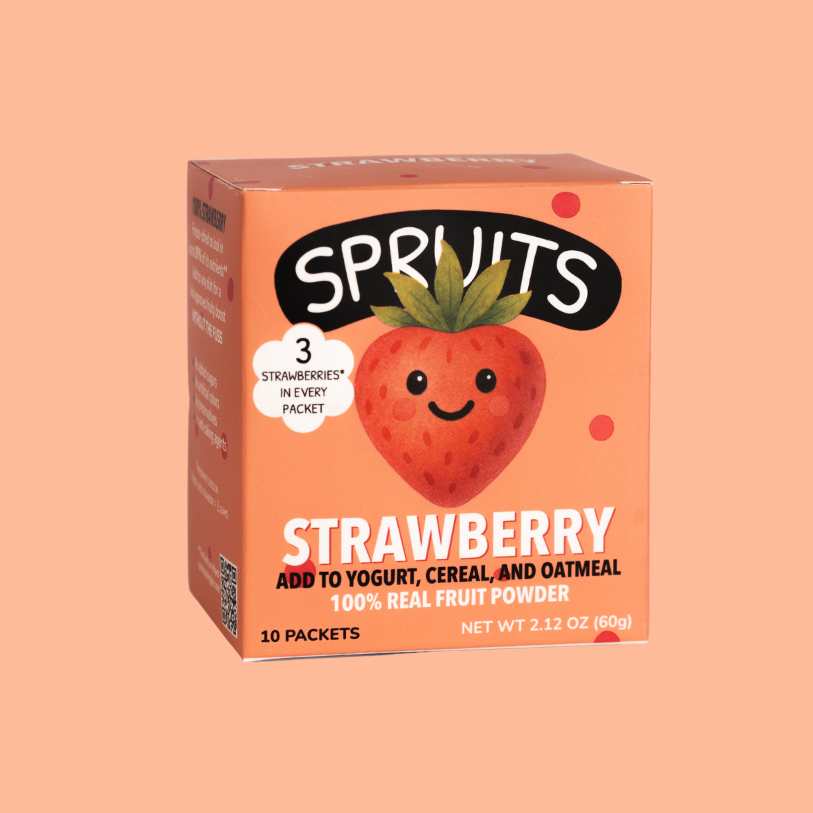 Box of Sprouts strawberry powder on a peach background