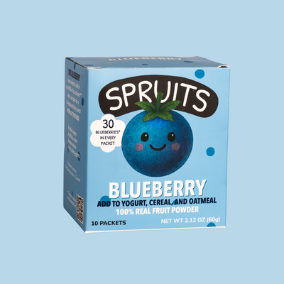 Box of Spruits blueberry snacks on a light blue background